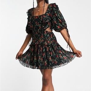 ASOS Design Pleat Mini Dress with Ruffle and Tie Detail in Rose Floral 6